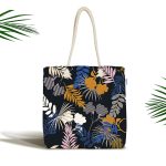 - Canta-8501 - Realhomes Siyah Zemin Üzerinde Renkli Yaprak Desenli Dijital Baskılı Kumaş Plaj Çantası Realhomes