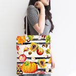 Beyaz Zemin Üzerinde Siyah Çizgili Bal Kabağı Desenli Dijital Baskılı Kumaş Plaj Çantası Realhomes