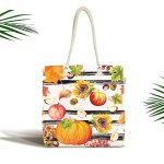 Beyaz Zemin Üzerinde Siyah Çizgili Bal Kabağı Desenli Dijital Baskılı Kumaş Plaj Çantası Realhomes