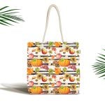 - Canta-8525 - Realhomes Beyaz Zemin Üzerinde Siyah Çizgili Bal Kabağı Desenli Dijital Baskılı Kumaş Plaj Çantası Realhomes