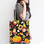 Siyah Zemin Üzerinde Bal Kabağı Desenli Dijital Baskılı Kumaş Plaj Çantası Realhomes