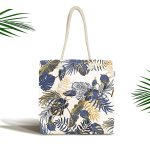 Beyaz Zemin Üzerinde Gold Detaylı Yaprak Desenli Dijital Baskılı Kumaş Plaj Çantası Realhomes