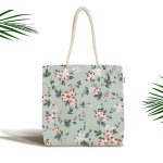 - Canta-8677 - Realhomes Rengarenk Zemin Üzerinde Yeşil Yapraklı Çiçek Desenli Dijital Baskılı Kumaş Plaj Çantası Realhomes