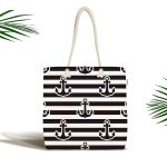 - Canta-8788 - Realhomes Beyaz Zemin Üzerinde Siyah Çizgili Çapa Desenli Dijital Baskılı Kumaş Plaj Çantası Realhomes