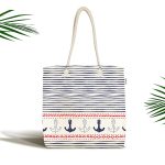 Beyaz Zemin Üzerinde Renkli Çizgili Çapa Desenli Dijital Baskılı Kumaş Plaj Çantası Realhomes