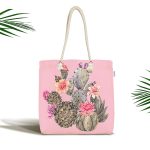 Renkli Zemin Üzerinde Kaktüs Desenli Dijital Baskılı Kumaş Plaj Çantası Realhomes