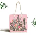 Renkli Zemin Üzerinde Kaktüs Desenli Dijital Baskılı Kumaş Plaj Çantası Realhomes