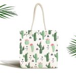 Beyaz Zemin Üzerinde Kaktüs Desenli Dijital Baskılı Kumaş Plaj Çantası Realhomes