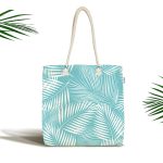 Turkuaz Zeminde Beyaz Yaprak Figürlü Dijital Baskılı Kumaş Plaj Çantası Realhomes