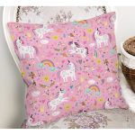 Realhomes Pembe Zeminli Unicorn Motifli Özel Tasarım Dijital Baskılı Modern Yastık Kırlent Kılıfı Realhomes