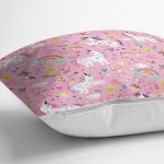 Realhomes Pembe Zeminli Unicorn Motifli Özel Tasarım Dijital Baskılı Modern Yastık Kırlent Kılıfı Realhomes