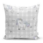 - Печать - Realhomes Realhomes Açık Vizon Ekose Zeminli Unicorn Desenli Özel Tasarım Dijital Baskılı Modern Yastık Kırlent Kılıfı Realhomes