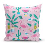 - Rh-K1011 - Realhomes Realhomes Pembe Zeminli Flamingo Tasarımlı Dijital Baskılı Modern Yastık Kırlent Kılıfı Realhomes