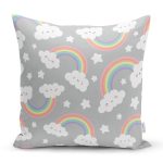 Realhomes Gri Zeminde Gökkuşağı Tasarımlı Dijital Baskılı Modern Yastık Kırlent Kılıfı Realhomes