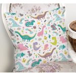 Realhomes Renkli Sevimli Dinozorlar Çizimli Özel Tasarım Dijital Baskılı Modern Yastık Kırlent Kılıfı Realhomes