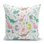 Realhomes Renkli Sevimli Dinozorlar Çizimli Özel Tasarım Dijital Baskılı Modern Yastık Kırlent Kılıfı Realhomes