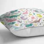 Realhomes Renkli Sevimli Dinozorlar Çizimli Özel Tasarım Dijital Baskılı Modern Yastık Kırlent Kılıfı Realhomes