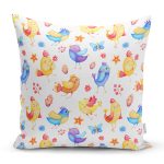 - Rh-K1043 - Realhomes  Realhomes Mutlu Kuşlar Çizimli Özel Tasarım Dijital Baskılı Modern Yastık Kırlent Kılıfı Realhomes