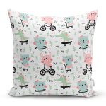 - Print - Realhomes Bisiklet Süren Tavşan Desenli Dijital Baskılı Özel Tasarım Modern Yastık Kırlent Kılıfı Realhomes