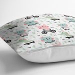 - Print - Realhomes Bisiklet Süren Tavşan Desenli Dijital Baskılı Özel Tasarım Modern Yastık Kırlent Kılıfı Realhomes