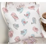 Realhomes Mavi Pembe Kuş Çizimli Özel Tasarım Dijital Baskılı Modern Yastık Kırlent Kılıfı Realhomes