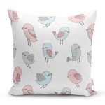 Realhomes Mavi Pembe Kuş Çizimli Özel Tasarım Dijital Baskılı Modern Yastık Kırlent Kılıfı Realhomes