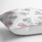 Realhomes Mavi Pembe Kuş Çizimli Özel Tasarım Dijital Baskılı Modern Yastık Kırlent Kılıfı Realhomes