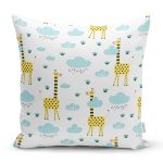 - Rh-K1077 - Realhomes Realhomes Mavi Bulut Sarı Zürafalar Özel Tasarım Dijital Baskılı Modern Yastık Kırlent Kılıfı Realhomes