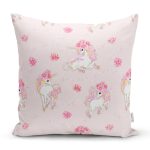 - Print - Realhomes  Realhomes Pembe Zeminde Dişi Unicorn Tasarımlı Dijital Baskılı Modern Yastık Kırlent Kılıfı Realhomes