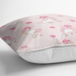 - Print - Realhomes  Realhomes Pembe Zeminde Dişi Unicorn Tasarımlı Dijital Baskılı Modern Yastık Kırlent Kılıfı Realhomes