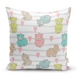 - Rh-K1097 - Realhomes Realhomes Gri Çizgi Üzerinde Renkli Ayıcık Özel Tasarım Dijital Baskılı Modern Yastık Kırlent Kılıfı Realhomes