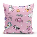 Realhomes Pembe Zeminli Uzay Tasarımlı Dijital Baskılı Modern Yastık Kırlent Kılıfı Realhomes