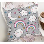 - Print - Realhomes Realhomes Gri Zeminde Gökkuşağı ve Ay Yıldız Tasarımlı Dijital Baskılı Modern Yastık Kırlent Kılıfı Realhomes