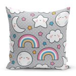 - Print - Realhomes Realhomes Gri Zeminde Gökkuşağı ve Ay Yıldız Tasarımlı Dijital Baskılı Modern Yastık Kırlent Kılıfı Realhomes
