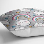 - Print - Realhomes Realhomes Gri Zeminde Gökkuşağı ve Ay Yıldız Tasarımlı Dijital Baskılı Modern Yastık Kırlent Kılıfı Realhomes