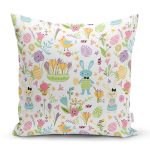 - Печать - Realhomes Realhomes Çiçekli ve Tavşan Tasarımlı Dijital Baskılı Modern Yastık Kırlent Kılıfı Realhomes