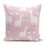 Pembe Zeminde Lama Ve Gök Kuşağı Dijital Baskılı Özel Tasarım Modern Yastık Kırlent Kılıfı Realhomes