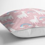 Pembe Zeminde Lama Ve Gök Kuşağı Dijital Baskılı Özel Tasarım Modern Yastık Kırlent Kılıfı Realhomes