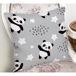 Realhomes Gri Zeminde Küçük Panda Özel Tasarım Dijital Baskılı Modern Yastık Kırlent Kılıfı Realhomes