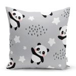 Realhomes Gri Zeminde Küçük Panda Özel Tasarım Dijital Baskılı Modern Yastık Kırlent Kılıfı Realhomes