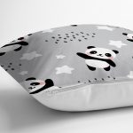 Realhomes Gri Zeminde Küçük Panda Özel Tasarım Dijital Baskılı Modern Yastık Kırlent Kılıfı Realhomes
