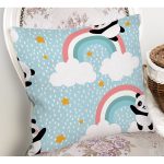 - Print - Realhomes Realhomes Mavi Zeminde Gökkuşağı Motifli Panda Özel Tasarım Dijital Baskılı Modern Yastık Kırlent Kılıfı Realhomes