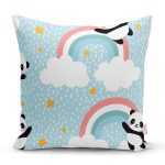 - Print - Realhomes Realhomes Mavi Zeminde Gökkuşağı Motifli Panda Özel Tasarım Dijital Baskılı Modern Yastık Kırlent Kılıfı Realhomes