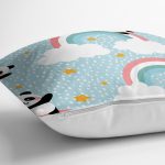 - Print - Realhomes Realhomes Mavi Zeminde Gökkuşağı Motifli Panda Özel Tasarım Dijital Baskılı Modern Yastık Kırlent Kılıfı Realhomes