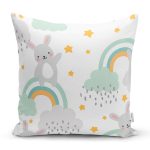 - Print - Realhomes Realhomes Gökkuşağı Üzerinde Tavşan Motifli Özel Tasarım Dijital Baskılı Modern Yastık Kırlent Kılıfı Realhomes