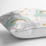 - Print - Realhomes Realhomes Gökkuşağı Üzerinde Tavşan Motifli Özel Tasarım Dijital Baskılı Modern Yastık Kırlent Kılıfı Realhomes