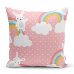 Gökkuşağı Ve Sevimli Tavşan Dijital Baskılı Özel Tasarım Modern Yastık Kırlent Kılıfı Realhomes