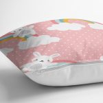 Gökkuşağı Ve Sevimli Tavşan Dijital Baskılı Özel Tasarım Modern Yastık Kırlent Kılıfı Realhomes