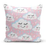 Pembe Zeminde Sevimli Bulutlar Dijital Baskılı Özel Tasarım Modern Yastık Kırlent Kılıfı Realhomes