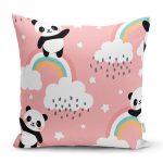 - Print - Realhomes Pembe Zeminde Bulutlar Ve Panda Dijital Baskılı Özel Tasarım Modern Yastık Kırlent Kılıfı Realhomes